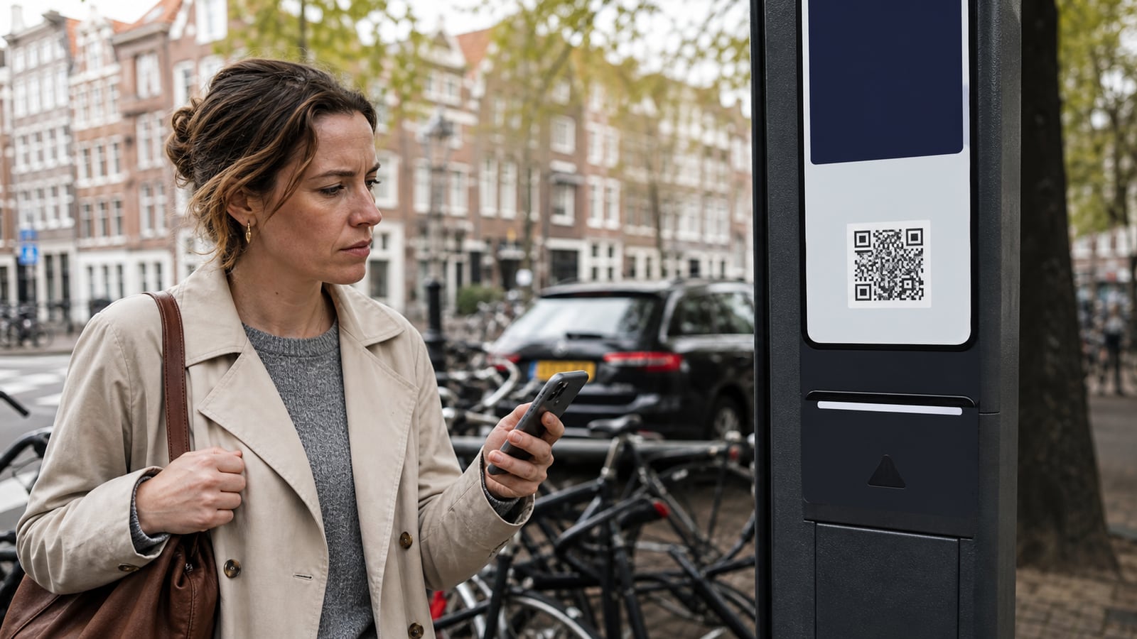 Voorzichtige gebruiker controleert een QR-code voordat zij scant