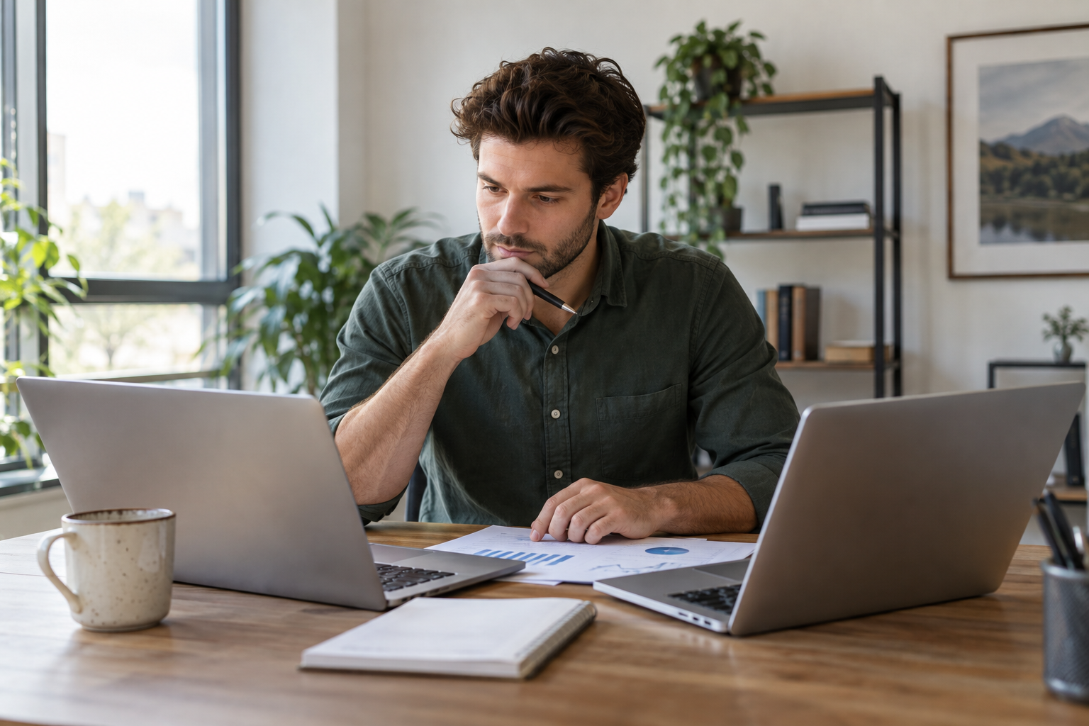 Analist vergelijkt gegevens op twee laptops